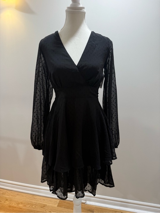 Japna Dresses & Skirts - Black V-Neck Tiered Skater Dress Sheer Sleeves